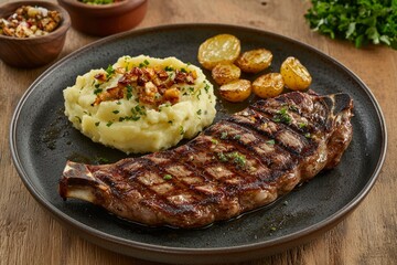 Grilled Steak Served with Mashed Potatoes and Roasted Potatoes