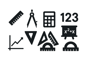 Mathematics education icon set – solid style school, learning, and calculation symbols: calculator, ruler, compass, protractor, triangle, graph, blackboard, numbers.