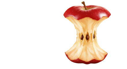 Red apple core shows bitten, eaten flesh on black background