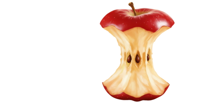 Red apple core shows bitten, eaten flesh on black background
