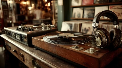 Vintage Record Player with Gleaming Vinyl Disc – Nostalgic Audio Equipment Still Life for Retro Music Branding Visual