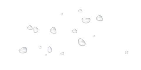 Realistic water drops on a transparent background, condensation on the surface with light reflection and shadow, vector, png, 3D effect.	
