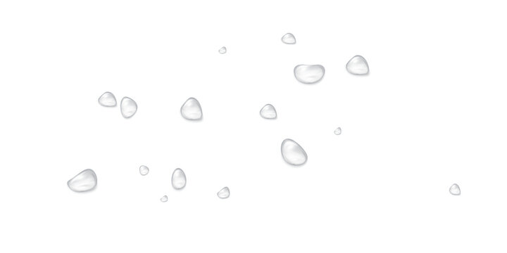 Realistic water drops on a transparent background, condensation on the surface with light reflection and shadow, vector, png, 3D effect.	

