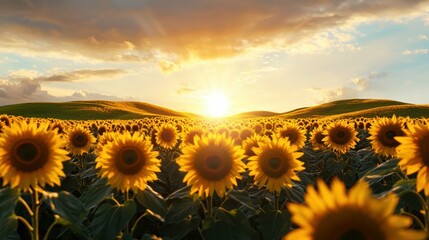 Obraz premium Sunflower fields at sunrise rural landscape nature photography calm environment vibrant viewpoint beauty of nature
