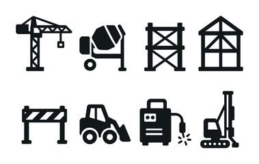 Naklejka premium Construction equipment icons set - solid style building, engineering, and architecture symbols for industry projects: crane, cement mixer, scaffolding, barriers, welder, bulldozer, drill