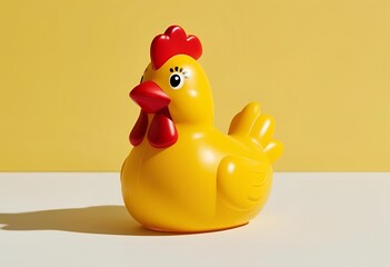 Cute yellow cartoon chicken toy with red beak and feet on a solid yellow background. Bright and playful design perfect for kids and cheerful visuals.
