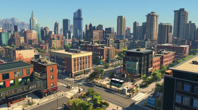 Aerial view of a vibrant city street with diverse architecture, showing a mix of modern and older buildings, busy intersections, and green spaces.