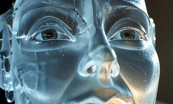 Stunning ice sculpture of a human face illuminated from below, showcasing intricate details