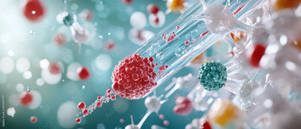 Poster a visually striking 3d-rendered depicting the intricate structure and potential of nanotechnology-ba