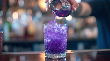 A bartender pours a vibrant purple mocktail into a sleek glass at a stylish upscale bar with warm ambiance