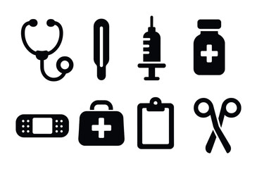 Healthcare and medical solid icons set – filled style health, wellness, and hospital symbols for medical use: stethoscope, thermometer, syringe, pill bottle, bandage, first aid kit, clipboard,