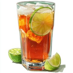 Refreshing iced tea with lime wedges in a tall glass, surrounded by lime slices. The drink is brown and shows ice cubes and bubbles. White background.