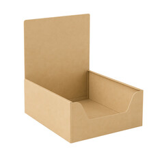 Empty cardboard box with open flap, ideal for storage or packaging. This versatile container is made from eco friendly materials, showcasing