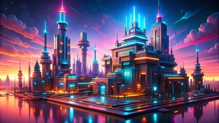 Naklejka premium Futuristic Cyber Fortress: Glowing Encryption Stronghold in Digital Landscape