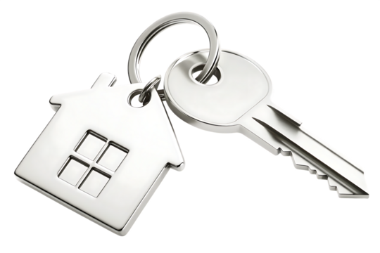 house keys with house shaped keychain isolated on white background PNG. GENERATIVE AI