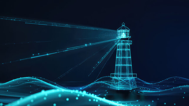 Digital Lighthouse Beacon: A futuristic digital rendering of a lighthouse on a wave-swept coastline, its beam of light cutting through the darkness and guiding vessels to safety.