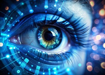 Futuristic Digital Eye Close-up: Blue Code Reflection with Bokeh - Conceptual Tech Portrait