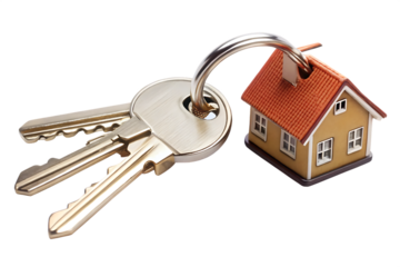 house keys with house shaped keychain isolated on white background PNG. GENERATIVE AI