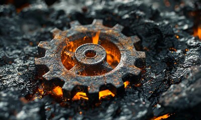 Rusty gear resting on molten rock, glowing embers illuminating the dark surroundings - Powered by Adobe