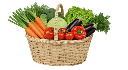 Woven basket overflowing with fresh vegetables; green, red, purple, & orange