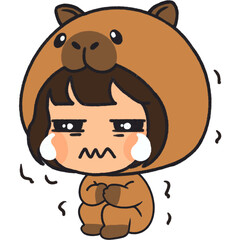 Children wearing capybara mascot costumes doing various cute poses.