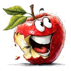 A cheerful cartoon apple with a big bite taken out of it, showcasing a playful expression. The red apple is depicted in a vibrant, whimsical style against a white background with splashes of color.
