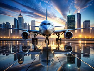 Fototapeta premium Futuristic Glass Airplane on Runway, Ready for Departure - Modern Aviation Stock Photo