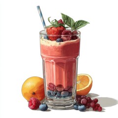 Vibrant Berry Smoothie with Fresh Fruit and Mint in Pixel Art Style