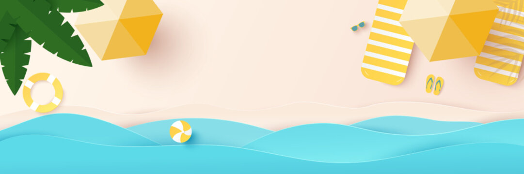 Summer, travel and holiday concept. Aerial view of sunbed, flip flops, sunglasses, beach ball, yellow umbrella on sandy beach. Summertime background. Top view. Vector illustration