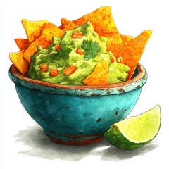 A rustic blue bowl brimming with vibrant guacamole, accompanied by crispy tortilla chips and a lime wedge. The detailed illustration showcases the texture and color of the ingredients.
