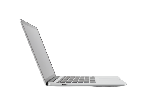 Sleek silver laptop open against a stark black backdrop