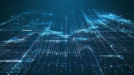 cinematic 3D scene sprawling neon grid landscape, lighting up sequentially, streams of glowing binary code like digital geysers, futuristic metropolis skyline in the distance, camera crane shot