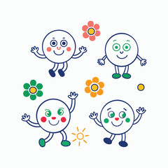 Colorful Cartoon Characters with Faces – Playful Round Shapes & Cute Expressions. Children's Book Style.