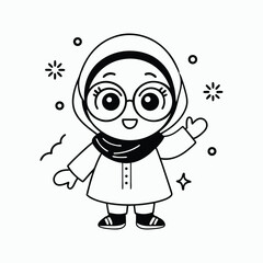  Cute Cartoon Girl in Hijab – Chibi-Inspired Character with Glasses & Excited Expression. Educational Vector Art