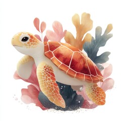 Adorable Watercolor Sea Turtle Amidst Coral Reef