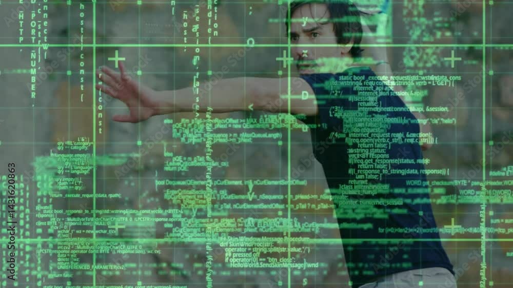 Poster man swinging racket in technology demo, overlaying green digital grid and scrolling code