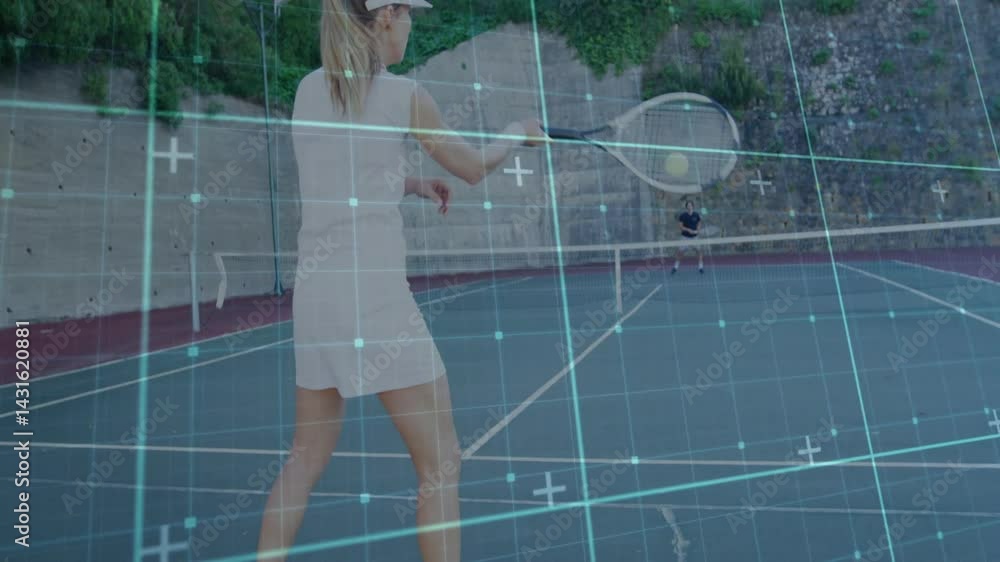Poster female player swinging racket on court, showing sports data with trajectory path and speed meter