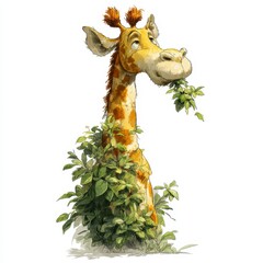 Friendly giraffe eating leaves, partially hidden behind lush green foliage. Light brown giraffe with distinctive spots, set against a white background. Illustration style.