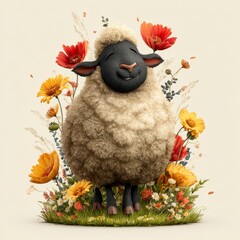 Serene Black Faced Sheep Amidst Vibrant Wildflowers