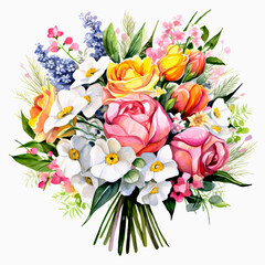 Obraz premium Bright watercolor bouquet of roses and daisies in vibrant spring colors. Concept of wedding invitations and greeting cards. Colorful spring floral watercolor bouquet