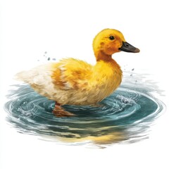 Yellow Duckling in a Pond Painterly Illustration