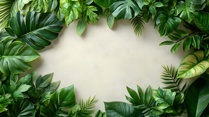 Fototapeta premium Lush Green Tropical Leaves Frame on Cream Textured Background