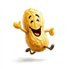 Joyful cartoon peanut character with arms and legs, running and smiling against a white background. The peanut is light brown and yellow, with a simple, friendly face. 