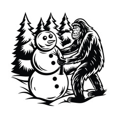 Obraz premium bigfoot building snowman in winter forest