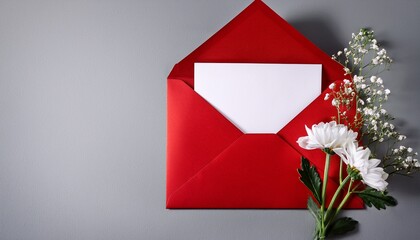 red envelope with greeting card and flowers on grey background