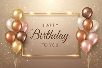 "Luxury Happy Birthday Background with Metallic Balloons and Golden Frame"