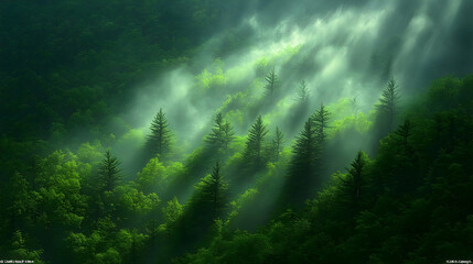 Misty Green Forest Aerial View