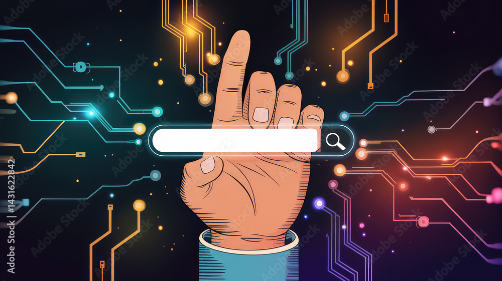 Poster searching the digital frontier: a hand interacts with a search bar amidst an abstract network of dig