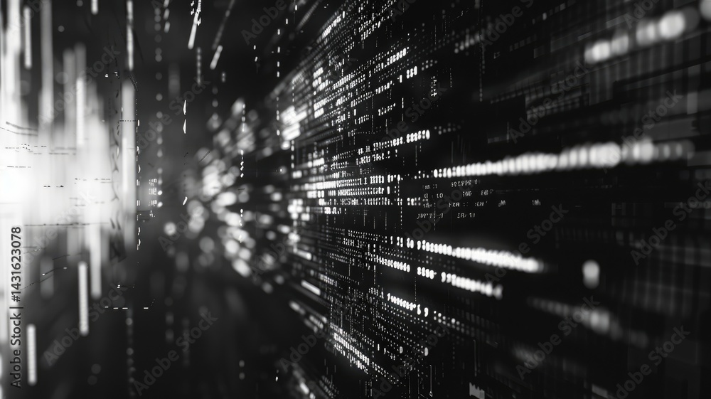 Poster abstract of complex glitch with pixel effect in dark background use shading and monochrome to expres