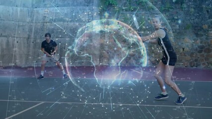 Male and female players rallying on tennis court, displaying holographic data globe technology - Powered by Adobe